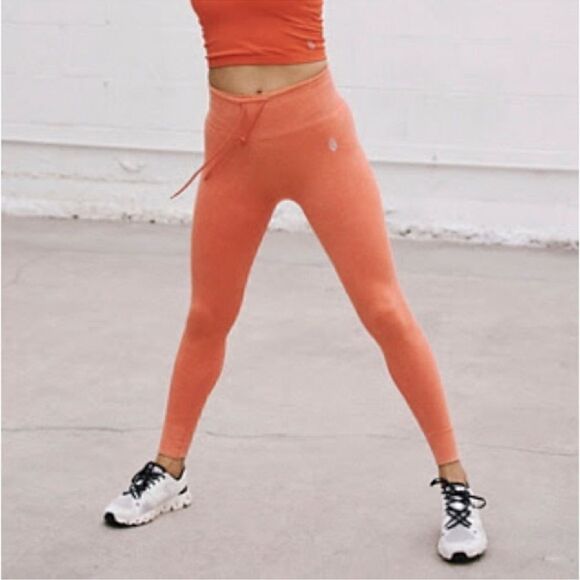 NWOT Free People High Rise Leggings Orange Peach Drawstring M/L Gym Activewear - Picture 1 of 15